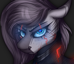 Size: 787x676 | Tagged: safe, artist:molars, imported from derpibooru, oc, oc:xesia, cyborg, zebra, angry, commission, cyberpunk, eyelashes, floppy ears, glowing, glowing eyes, gray, gray mane, solo, wip