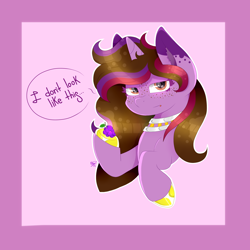 Size: 2000x2000 | Tagged: safe, artist:kathepart, imported from derpibooru, oc, oc:kathepaint, unicorn, collar, dialogue, ear fluff, food, freckles, grapes, half body, horn, simple background, solo