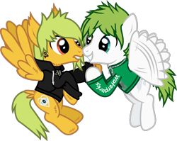 Size: 1681x1335 | Tagged: safe, artist:lightningbolt, derpibooru exclusive, imported from derpibooru, pegasus, pony, .svg available, alex gaskarth, all time low, awsten knight, butt fluff, buzzing wings, cheek fluff, clothes, duo, duo male, dyed mane, dyed tail, ear fluff, flying, grin, heterochromia, hood, hoodie, hoof fluff, hoof grab, horseshoes, jewelry, lip bite, long sleeves, looking at each other, looking at someone, male, necklace, ponified, show accurate, simple background, smiling, spread wings, svg, tail, tail feathers, tattoo, transparent background, vector, waterparks, wing fluff, wings