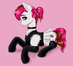 Size: 3192x2874 | Tagged: safe, artist:koshakevich, imported from derpibooru, oc, oc:vetta, pony, unicorn, choker, clothes, female, horn, mare, pink background, simple background, socks, solo