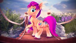 Size: 3840x2160 | Tagged: safe, artist:psfmer, imported from derpibooru, sunny starscout, earth pony, pony, 3d, bandaid, bandaid on nose, butt, female, g5, g5 to g4, generation leap, high res, looking at you, looking back, looking back at you, mare, my little pony: a new generation, plot, smiling, underhoof, unshorn fetlocks