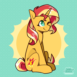 Size: 2343x2343 | Tagged: safe, artist:jellysketch, imported from derpibooru, sunset shimmer, pony, unicorn, female, horn, mare, one eye closed, sitting, smiling, solo, sun, wink