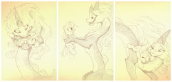 Size: 3776x1804 | Tagged: safe, artist:sherwoodwhisper, imported from derpibooru, oc, dragon, eastern dragon, pony, unicorn, crossover, female, filly, foal, holding, holding a pony, horn, monochrome, raya and the last dragon, sisu