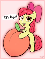 Size: 856x1122 | Tagged: safe, artist:heretichesh, imported from derpibooru, apple bloom, earth pony, pony, blank flank, female, filly, foal, food, peach, solo