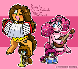 Size: 1700x1500 | Tagged: safe, artist:c1nnamonthep0msky, imported from derpibooru, cheese sandwich, pinkie pie, oc, oc:berry jam, oc:nutty butter, earth pony, pony, accordion, afro puffs, baby, baby pony, blush lines, blushing, cheesepie, colt, cute, drums, family, female, filly, foal, food, guitar, heterochromia, male, mare, musical instrument, offspring, one eye closed, open mouth, open smile, parent:cheese sandwich, parent:pinkie pie, parents:cheesepie, pink background, shipping, simple background, smiling, sprinkles, sprinkles in hair, stallion, straight, trumpet, unshorn fetlocks