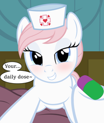Size: 2037x2397 | Tagged: safe, artist:badumsquish-edits, edit, imported from derpibooru, nurse redheart, earth pony, pony, bed, bedroom eyes, blushing, daily dose, dialogue, dragon ball, dragon ball z, female, female on top, femdom, grin, gritted teeth, hat, heart, high res, hospital, imminent anal insertion, imminent insertion, imminent suppository, implied anal insertion, implied insertion, looking at you, male, male pov, meme, nurse, nurse hat, offscreen character, offscreen male, on top, pill, pov, smiling, smirk, suppository, talking, talking to viewer, teeth, thanks doc