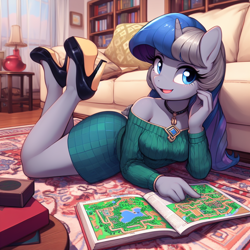 Size: 1024x1024 | Tagged: safe, imported from derpibooru, oc, oc only, anthro, plantigrade anthro, unicorn, ai content, ai generated, bare shoulders, book, bookshelf, carpet, clothes, couch, cute, dress, female, guidebook, high heels, horn, jewelry, lamp, living room, necklace, open mouth, pointing, prompter:horselover fat, rug, shoes, shoulderless, smiling, solo, table, unicorn oc, wholesome