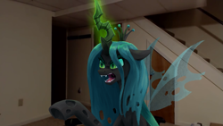 Size: 2223x1251 | Tagged: safe, artist:impamy, imported from derpibooru, queen chrysalis, changeling, changeling queen, angry, fangs, female, glowing, glowing horn, horn, insect wings, jerma985, mare, meme, open mouth, real life background, solo, streaming, teeth, wings