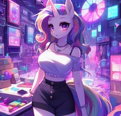 Size: 1024x977 | Tagged: safe, imported from derpibooru, oc, oc only, anthro, unicorn, adorasexy, ai content, ai generated, big breasts, breasts, busty oc, choker, clothes, counter, cute, female, futuristic, heart necklace, horn, jewelry, looking at you, midriff, necklace, open mouth, prompter:horselover fat, sexy, short shirt, shorts, shoulderless shirt, solo, standing, store, straps, surreal, unicorn oc, weird, white shirt