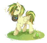 Size: 2415x2219 | Tagged: safe, artist:gold8811, imported from derpibooru, oc, oc only, oc:wooden toaster, pegasus, pony, basket, easter, easter egg, holiday, male, simple background, solo, white background
