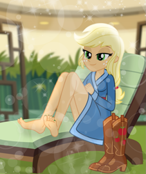 Size: 843x1000 | Tagged: safe, artist:emeraldblast63, imported from derpibooru, applejack, equestria girls, barefoot, boots, chair, clothes, feet, nail polish, shoes, simple background, solo, toenail polish, toenails, toes, transparent background