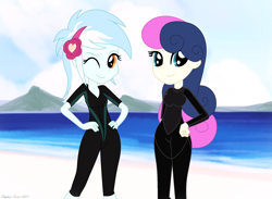 Size: 2118x1547 | Tagged: safe, artist:stephen-fisher, imported from derpibooru, bon bon, lyra heartstrings, sweetie drops, human, equestria girls, beach, clothes, duo, duo female, female, lesbian, lyrabon, one eye closed, pose, shipping, smiling, swimsuit, wetsuit, wink