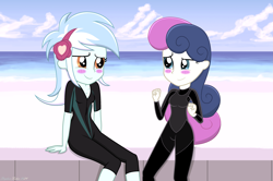 Size: 3593x2389 | Tagged: safe, artist:stephen-fisher, imported from derpibooru, bon bon, lyra heartstrings, sweetie drops, human, equestria girls, beach, blushing, clothes, duo, duo female, female, lesbian, looking at each other, looking at someone, lyrabon, shipping, smiling, swimsuit, wetsuit