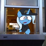 Size: 720x720 | Tagged: safe, artist:plum, imported from twibooru, trixie, pony, unicorn, baseball cap, bipedal, cap, clothes, female, frown, hat, image, irl background, jaw drop, looking at you, mare, mcdonald's, needs more jpeg, shirt, solo