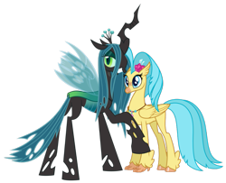 Size: 951x771 | Tagged: safe, edit, editor:scribbly07, imported from derpibooru, vector edit, princess skystar, queen chrysalis, changeling, changeling queen, hippogriff, my little pony: the movie, concave belly, couple, duo, duo female, female, height difference, implied shipping, lanky, physique difference, shipping, simple background, skinny, slender, tall, thin, transparent background, vector