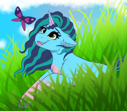 Size: 4000x3500 | Tagged: safe, artist:monsoonvisionz, imported from derpibooru, butterfly, pony, unicorn, cloud, cute, ear fluff, female, floppy ears, freckles, g5, grass, happy, horn, mare, misty brightdawn, mistybetes, open mouth, open smile, smiling, solo