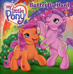 Size: 750x756 | Tagged: safe, artist:carlo loraso, artist:heckyeahponyscans, imported from derpibooru, serendipity, sparkleworks, butterfly, earth pony, pony, bush, cute, duo, duo female, female, g3, g3betes, heart, mare, my little pony logo, my little pony: butterfly hunt, official, open mouth, open smile, outdoors, raised hoof, rearing, smiling, text