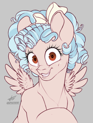 Size: 2219x2919 | Tagged: safe, artist:peepingtom, imported from derpibooru, cozy glow, pegasus, pony, bow, bust, curly hair, curly mane, eyelashes, female, filly, foal, gray background, hair bow, looking at you, portrait, simple background, smiling, solo, wide eyes