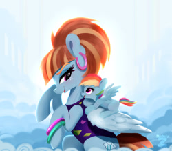 Size: 2376x2078 | Tagged: safe, artist:darksly, imported from derpibooru, rainbow dash, windy whistles, pegasus, pony, 80s, cloud, cloudsdale, duo, duo female, ear piercing, earring, female, filly, filly rainbow dash, foal, jewelry, mother and child, mother and daughter, piercing, younger