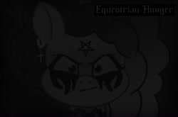 Size: 1091x720 | Tagged: safe, edit, edited screencap, imported from derpibooru, screencap, pony, unicorn, spoiler:g5, spoiler:my little pony: tell your tale, spoiler:tyts02e06, choker, corpse paint, dark, darkthrone, ear piercing, earring, evil grin, eyebrows, female, g5, grayscale, grin, horn, jewelry, looking at you, makeup, mare, metalhead, misty brightdawn, monochrome, my little pony: tell your tale, pentagram, piercing, satanism, smiling, solo, stare, swirlpool starlight