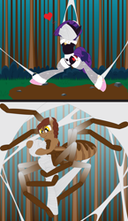 Size: 2550x4404 | Tagged: safe, artist:billy2345, imported from derpibooru, oc, oc only, oc:caramel, oc:love band, arachnid, drider, earth pony, monster pony, original species, semi-anthro, spiderpony, tarantula, chest fluff, cocoon, comic, dirt, female, femdom, grass, heart, hooves behind back, mare, silk, spider web, spread legs, spreading, wrapped up, wrapping