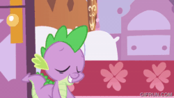 Size: 520x293 | Tagged: safe, imported from derpibooru, screencap, spike, twilight sparkle, dragon, pony, unicorn, green isn't your color, season 1, animated, baby, baby dragon, biting, carousel boutique, duo, duo male and female, female, floating heart, gif, gifrun.com, heart, implied shipping, implied sparity, implied straight, male, mare, tail, tail bite, unicorn twilight