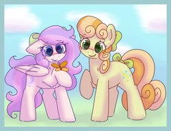 Size: 3000x2300 | Tagged: safe, artist:puppie, imported from derpibooru, junebug, oc, oc:lilac breeze, butterfly, earth pony, pegasus, pony, adorabug, background pony, blushing, bow, cute, duo, grass, hair bow, heart, heart eyes, smiling, tail, tail bow, wingding eyes