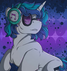 Size: 1280x1346 | Tagged: safe, artist:binibean, imported from derpibooru, dj pon-3, vinyl scratch, pony, unicorn, abstract background, circle, female, glasses, headphones, horn, looking up, mare, raised hoof, signature, solo, soundwave, turned head, vinyl's glasses