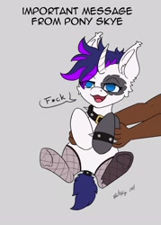 Size: 1872x2616 | Tagged: safe, artist:zackwhitefang, imported from derpibooru, oc, oc only, pony, unicorn, censored, censored vulgarity, gray background, holding a pony, horn, simple background, solo, unicorn oc, vulgar