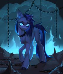 Size: 3000x3500 | Tagged: safe, artist:miurimau, imported from derpibooru, oc, oc only, earth pony, pony, blue fire, cave, chains, choker, fire, glowing, glowing eyes, high res, looking at you, solo, spiked choker