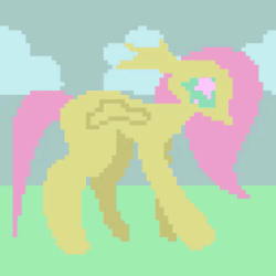 Size: 500x500 | Tagged: safe, artist:larvaecandy, imported from derpibooru, fluttershy, pegasus, pony, animated, cloud, colored, colored sclera, day, digital art, ear fluff, female, flat colors, floppy ears, folded wings, frame by frame, gif, grass, long mane, long tail, mare, missing cutie mark, no mouth, pink mane, pink tail, pixel animation, pixel art, profile, sky, small wings, solo, sparkly eyes, straight mane, straight tail, tail, teal eyes, teal sclera, walk cycle, walking, wingding eyes, wings, yellow coat
