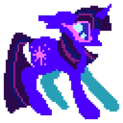 Size: 500x500 | Tagged: safe, artist:larvaecandy, imported from derpibooru, twilight sparkle, pony, unicorn, alternate color palette, alternate eye color, big eyes, colored, colored sclera, digital art, ear fluff, eye clipping through hair, female, flat colors, floppy ears, horn, long mane, long tail, mare, multicolored mane, multicolored tail, no mouth, pink sclera, pixel animation, pixel art, profile, purple coat, purple eyes, simple background, solo, standing, straight mane, straight tail, tail, transparent background, unicorn horn, wingding eyes