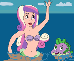 Size: 1240x1020 | Tagged: safe, artist:ocean lover, imported from derpibooru, princess cadance, spike, dragon, fish, human, mermaid, sea dragon, ariel, beautiful, beautiful hair, belly button, bra, clothes, cloud, disney, disney princess, disney style, fins, fish tail, flounder (the little mermaid), goodbye, green eyes, hand up, human coloration, humanized, light skin, lips, long hair, mermaidized, mermay, ms paint, multicolored hair, ocean, open mouth, outdoors, pretty, princess ariel, purple eyes, seashell, seashell bra, sky, species swap, surface, tail, tail fin, thank you, the little mermaid, underwear, water, waving