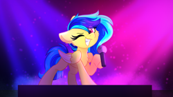 Size: 1280x720 | Tagged: safe, artist:lbrcloud, imported from derpibooru, oc, oc only, oc:koa, pegasus, pony, female, grin, hoof hold, looking at you, mare, microphone, one eye closed, smiling, solo, stage light, wink, winking at you