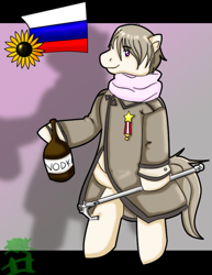 Size: 628x813 | Tagged: safe, artist:mistyrainbowfleece, imported from derpibooru, earth pony, pony, alcohol, bipedal, clothes, hetalia, hoof hold, male, nation ponies, ponified, russia, solo, vodka