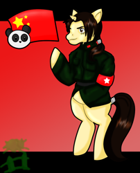 Size: 942x1163 | Tagged: safe, artist:mistyrainbowfleece, imported from derpibooru, pony, unicorn, bipedal, china, clothes, hetalia, horn, male, nation ponies, ponified, solo, tail, tail wrap
