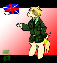 Size: 628x689 | Tagged: safe, artist:mistyrainbowfleece, imported from derpibooru, earth pony, pony, bipedal, clothes, food, hetalia, hoof hold, magic wand, male, nation ponies, ponified, solo, tea, united kingdom