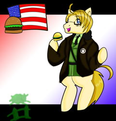 Size: 833x867 | Tagged: safe, artist:mistyrainbowfleece, imported from derpibooru, earth pony, pony, bipedal, burger, clothes, food, glasses, hetalia, hoof hold, male, nation ponies, ponified, solo, united states