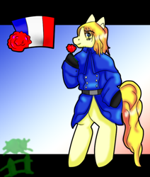 Size: 628x742 | Tagged: safe, artist:mistyrainbowfleece, imported from derpibooru, earth pony, pony, bipedal, clothes, facial hair, flower, france, hetalia, hoof hold, male, nation ponies, ponified, solo