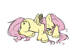 Size: 1058x750 | Tagged: safe, artist:wingedcass, imported from derpibooru, fluttershy, pegasus, pony, lying down, nervous, nervous sweat, simple background, solo, sweat, white background