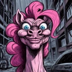 Size: 1024x1024 | Tagged: safe, imported from derpibooru, pinkie pie, earth pony, pony, ai content, ai generated, bust, city, cursed image, generator:bing image creator, generator:dall-e 3, manga style, nightmare fuel, outdoors, prompter:enterusxrname, solo