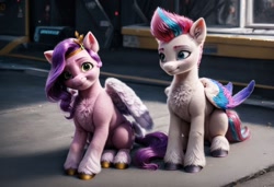 Size: 1216x832 | Tagged: safe, imported from derpibooru, pipp petals, zipp storm, pegasus, ai content, ai generated, chest fluff, ear fluff, female, g5, generator:pony diffusion v6 xl, generator:stable diffusion, prompter:kluknawa235, siblings, sisters, sitting, smiling, street, wings