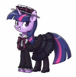 Size: 2328x2344 | Tagged: safe, artist:king-kakapo, edit, imported from ponybooru, twilight sparkle, pony, unicorn, clothed ponies, clothes, cloven hooves, cropped, female, grin, hat, hoof shoes, lolita fashion, looking at you, mare, simple background, skirt, smiling, smiling at you, solo, stockings, thigh highs, unicorn twilight, unshorn fetlocks, upscaled, white background