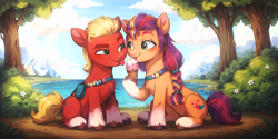Size: 1280x640 | Tagged: safe, imported from derpibooru, sprout cloverleaf, sunny starscout, earth pony, pony, :p, ai content, ai generated, cute, duo, duo male and female, eating, extra legs, female, food, forest, g5, hair, ice cream, lake, literal fifth leg, looking at each other, looking at someone, love, male, mane stripe sunny, mare, nature, prompter:oranzinispegasiukas, prompter:truesprout, romance, romantic, shipping, sky, sproutbetes, straight, sunnyclover, tail, tongue out, tree, water