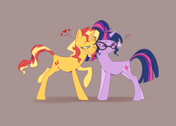 Size: 2800x2000 | Tagged: safe, artist:shanyata, imported from derpibooru, sci-twi, sunset shimmer, twilight sparkle, pony, unicorn, equestria girls, blush lines, blushing, brown background, duo, duo female, equestria girls ponified, female, high res, lesbian, lidded eyes, mare, nuzzling, pictogram, sci-twishimmer, shipping, simple background, smiling, standing on two hooves, sunsetsparkle, unicorn sci-twi
