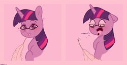 Size: 2480x1280 | Tagged: safe, artist:starburstuwu, imported from derpibooru, twilight sparkle, pony, unicorn, 2 panel comic, blushing, bust, comic, cute, female, floating heart, floppy ears, glasses, heart, horn, ink, mare, pink background, quill, simple background, solo, tongue out, twiabetes