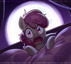 Size: 2500x2249 | Tagged: safe, artist:askometa, imported from derpibooru, apple bloom, earth pony, pony, bed, blanket, bust, curtains, female, filly, foal, moon, night, open mouth, scared, screaming, solo, text, waking up