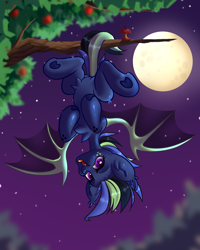 Size: 2000x2500 | Tagged: safe, artist:illkillux2, imported from derpibooru, oc, oc only, bat pony, pegasus, apple, bat pony oc, bat wings, belly, commission, dark skin, food, hanging, hanging upside down, hooves, moon, night, night sky, open mouth, open smile, short hair, sky, smiling, solo, spread legs, spread wings, spreading, stomach, tree, upside down, wings, ych result