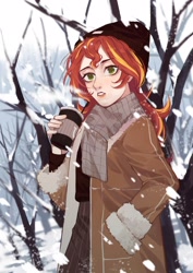 Size: 2000x2828 | Tagged: safe, artist:xieyanbbb, imported from derpibooru, sunset shimmer, human, equestria girls, clothes, coffee, female, humanized, jacket, scarf, snow, snowfall, solo, tree, winter