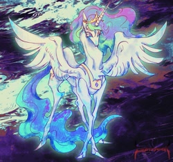 Size: 2376x2222 | Tagged: safe, artist:shiji029, imported from derpibooru, princess celestia, alicorn, pony, abstract background, female, lanky, mare, skinny, solo, spread wings, tall, thin, thin legs, wings